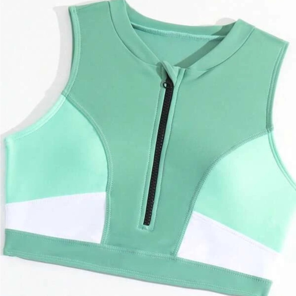 SHEIN Green Colorblock Zip Active Sports Bra